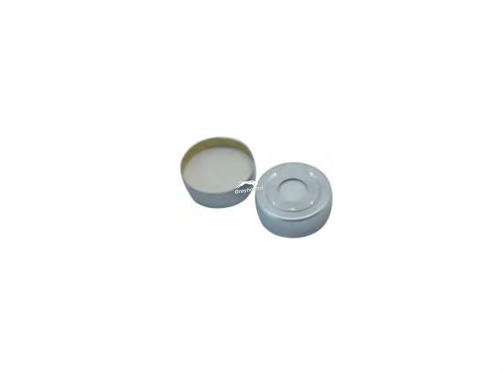 Picture of 20mm Aluminium Headspace Crimp Cap (Silver), with Pre-fitted Beige PTFE/White Silicone Septa (HT Grade), 3.2mm, (Shore A 45)